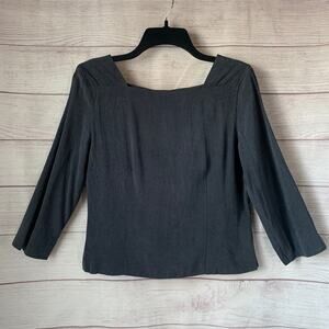 Jacqueline Ferrar Charcoal Gray Blouse 3/4 Sleeves Square Neckline Size 8
